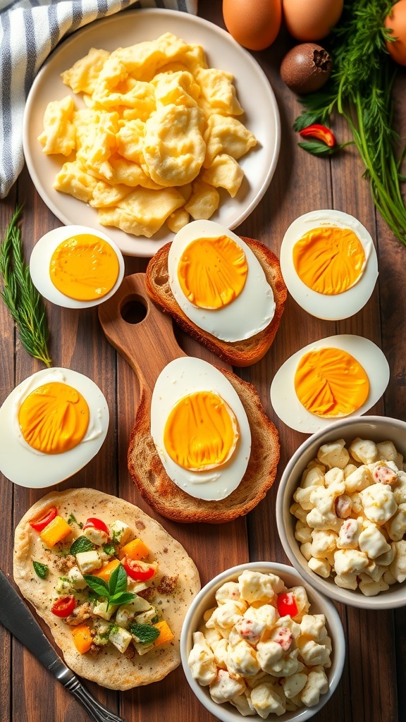 A variety of egg dishes including scrambled, fried, hard-boiled, poached, omelette, and egg salad, arranged on a wooden table.